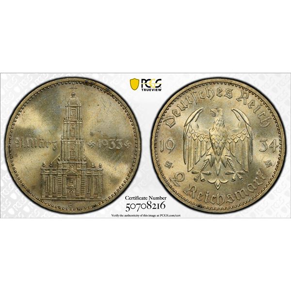 GERMANY: Third Reich, AR 2 reichsmark, 1934-E, PCGS MS64