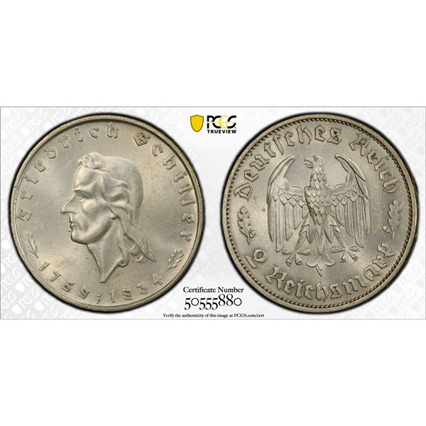 GERMANY: Third Reich, AR 2 reichsmark, 1934-F, PCGS MS63