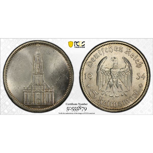 GERMANY: Third Reich, AR 5 reichsmark, 1934-A, PCGS MS63
