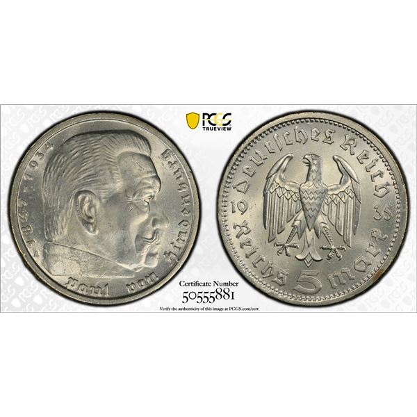 GERMANY: Third Reich, AR 5 reichsmark, 1935-A, PCGS MS63