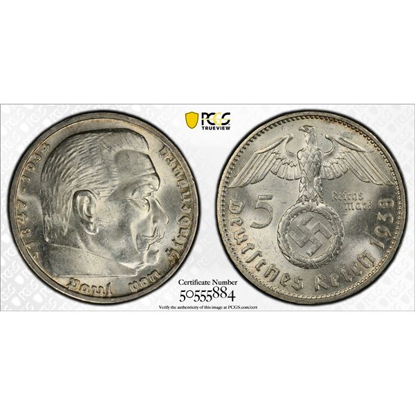 GERMANY: Third Reich, AR 5 reichsmark, 1938-J, PCGS MS63