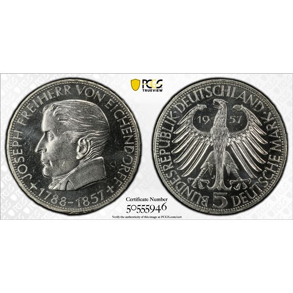 GERMANY: Federal Republic, AR 5 deutsche mark, 1957-J, PCGS MS63