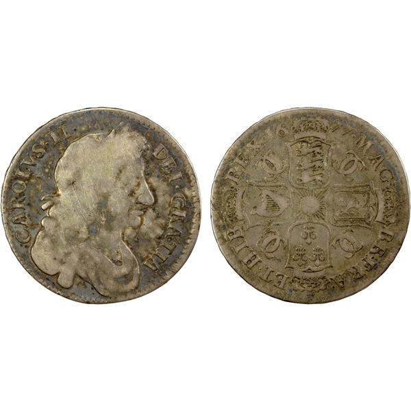 ENGLAND: Charles II, 1660-1685, AR 1/2 crown, 1677, VG