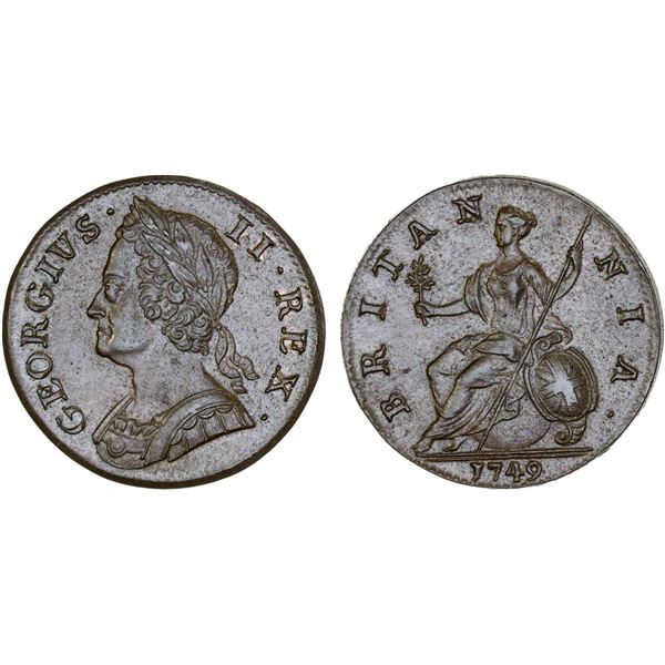 GREAT BRITAIN: George II, 1727-1760, AE halfpenny, 1749, AU