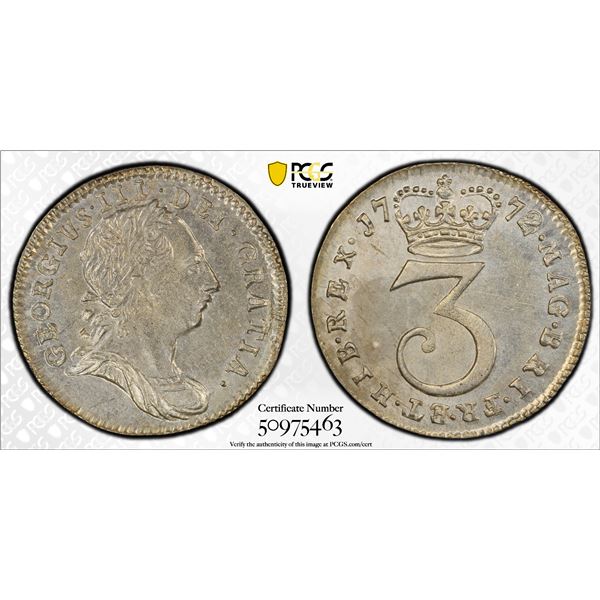 GREAT BRITAIN: George III, 1760-1820, AR 3 pence, 1772/0, PCGS MS63