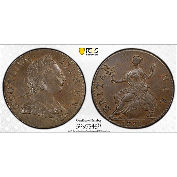 GREAT BRITAIN: George III, 1760-1820, AE 1/2 penny, 1775, PCGS AU58