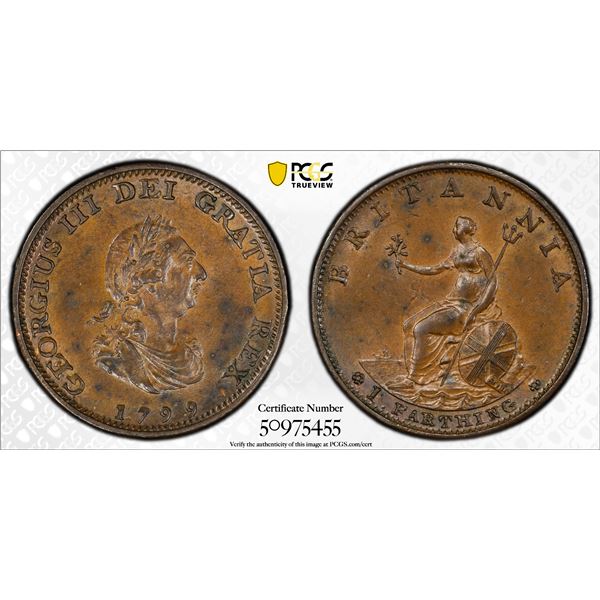 GREAT BRITAIN: George III, 1760-1820, AE farthing, 1799, PCGS MS62 BN