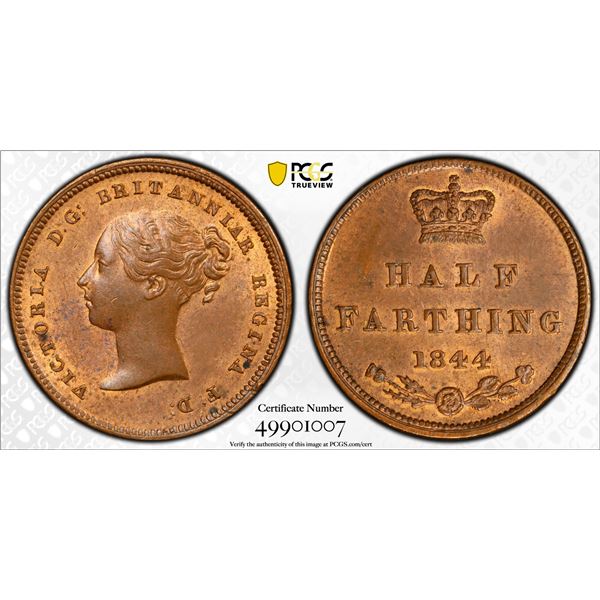 GREAT BRITAIN: Victoria, 1837-1901, AE 1/2 farthing, 1844, PCGS MS64 RB