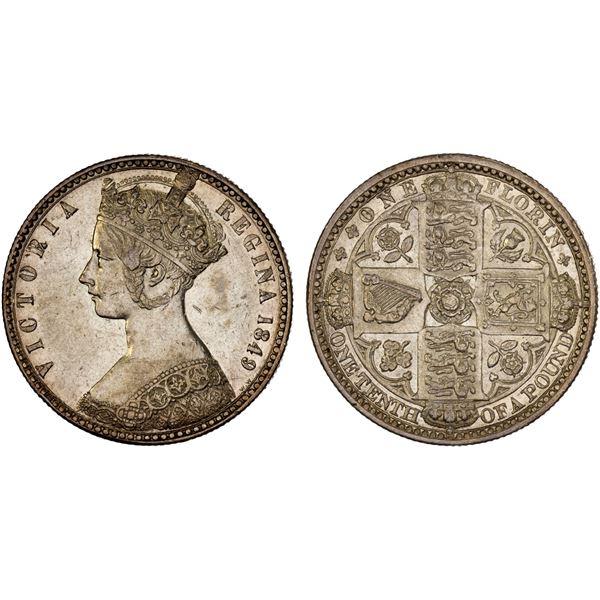 GREAT BRITAIN: Victoria, 1837-1901, AR florin (2 shillings), 1849, XF