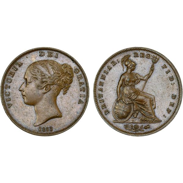 GREAT BRITAIN: Victoria, 1837-1901, AE penny, 1853, AU
