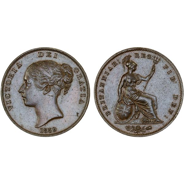 GREAT BRITAIN: Victoria, 1837-1901, AE penny, 1859, AU