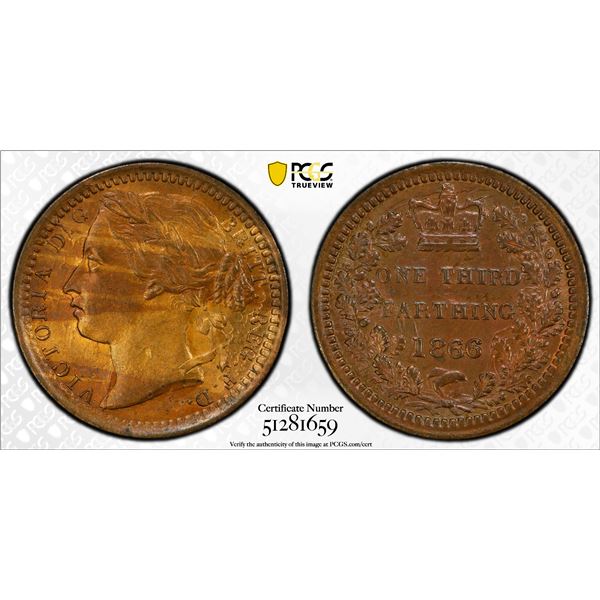 GREAT BRITAIN: Victoria, 1837-1901, AE 1/3 farthing, 1866, PCGS MS64 BN