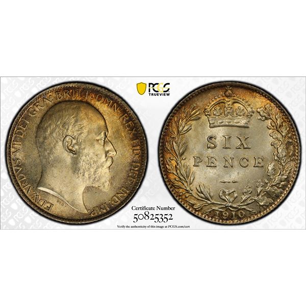GREAT BRITAIN: Edward VII, 1901-1910, AR 6 pence, 1910, PCGS MS65
