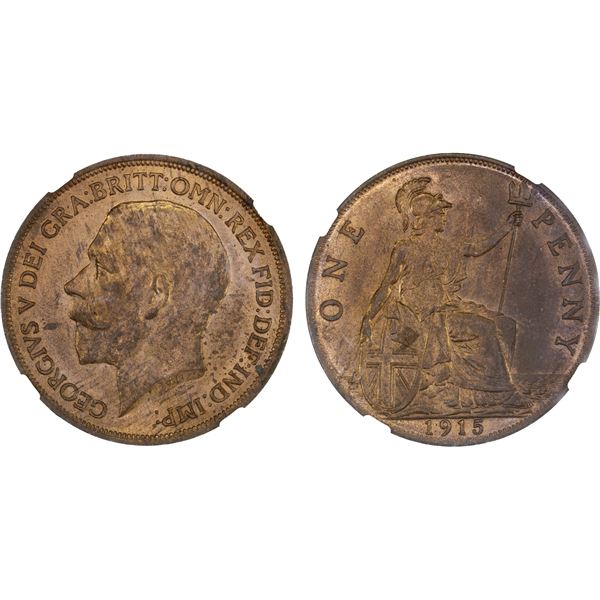 GREAT BRITAIN: George V, 1910-1936, AE penny, 1915, NGC MS63 RB