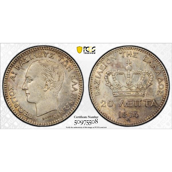 GREECE: George I, 1863-1913, AR 20 lepta, 1874, PCGS MS62