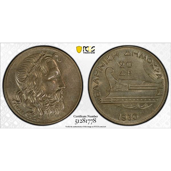GREECE: Second Hellenic Republic, AR 20 drachmai, 1930, PCGS MS62