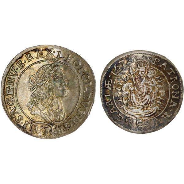 HUNGARY: Leopold I, 1657-1705, AR 6 krajczar, 1672-KB, XF-AU