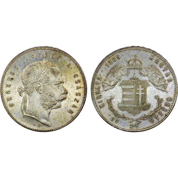 HUNGARY: Franz Josef I, 1848-1916, AR forint, Kremnitz, 1869-KB, XF