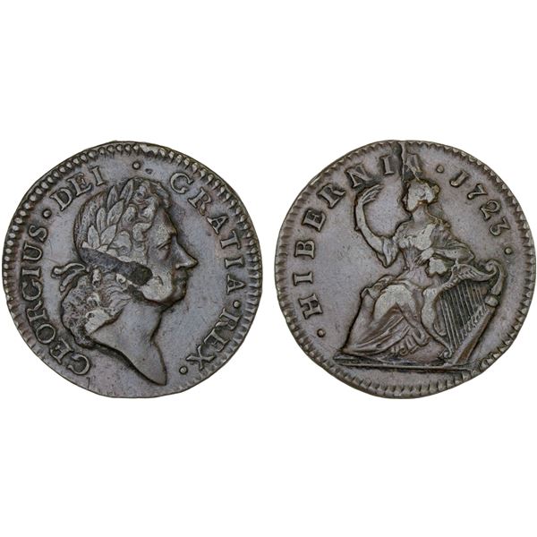 IRELAND: Wood's Hibernia Series, AE 1/2 penny, 1723, VF-XF