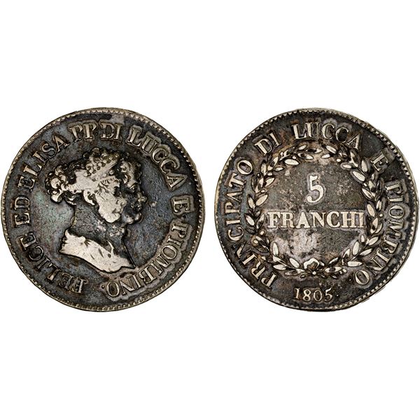 LUCCA: Felix Bacciocchi and Elisa Bonaparte, 1805-1814, AR 5 franchi, 1805, Fine