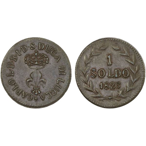 LUCCA: Carlo Lodovico di Borbone, 1824-1847, AE soldo (3.05g), 1826, XF