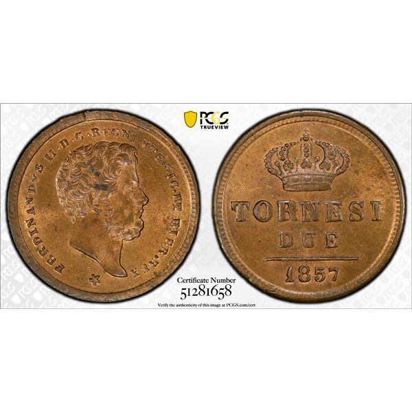 NAPLES & SICILY: Ferdinando II, 1830-1859, AE 2 tornesi, 1857, PCGS MS64 RB