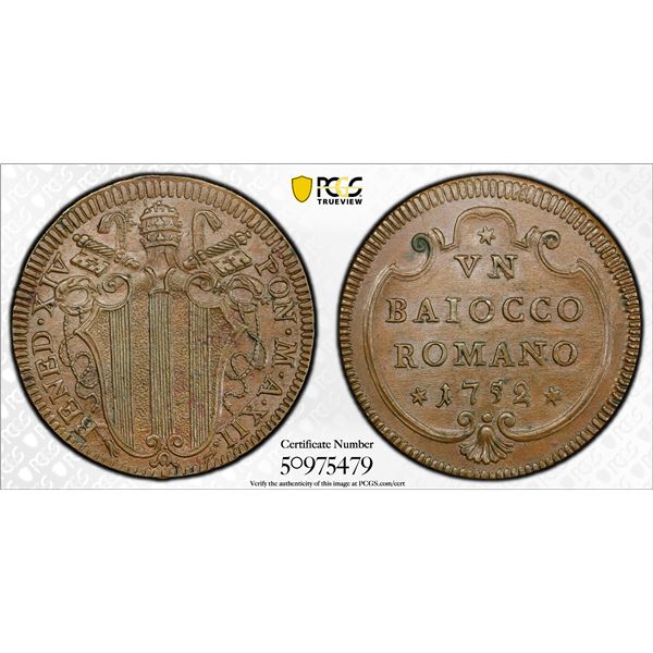 PAPAL STATES: Benedict XIV, 1740-1758, AE baiocco, 1752 year XII, PCGS MS63 BN