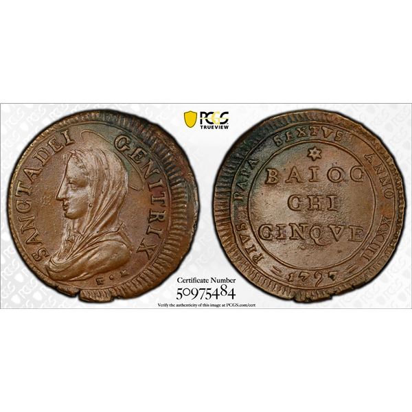 PAPAL STATES: Pius VI, 1775-1799, AE 5 baiocchi, 1797 year XXIII, PCGS UNC details