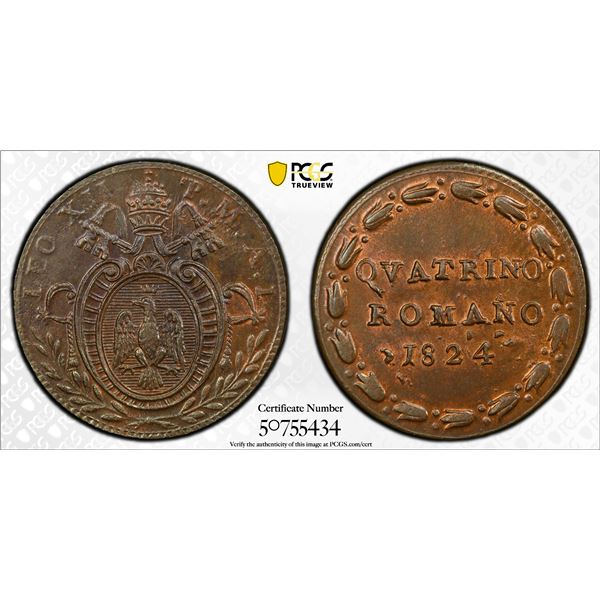 PAPAL STATES: Leo XII, 1823-1829, AE quattrino, Rome, 1824 year I, PCGS MS64 BN