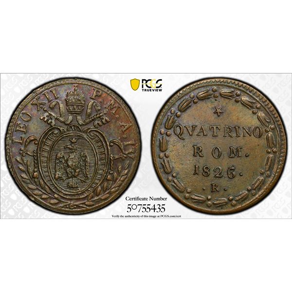 PAPAL STATES: Leo XII, 1823-1829, AE quattrino, Rome, 1826 year IV, PCGS MS64 BN