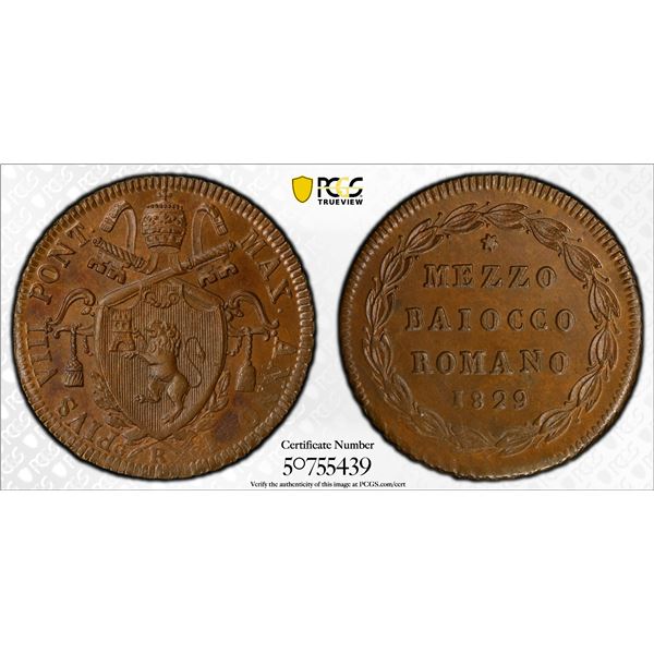 PAPAL STATES: Pius VIII, 1829-1830, AE 1/2 baiocco, 1829-R year I, PCGS MS64 BN
