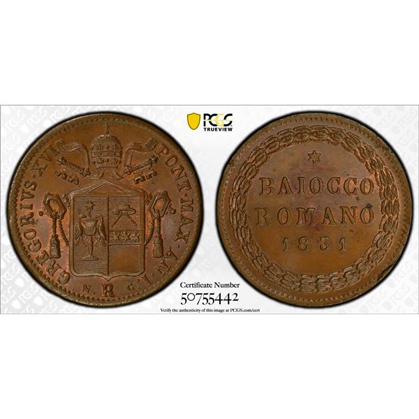 PAPAL STATES: Gregorius XVI, 1831-1846, AE baiocco, 1831-R year I, PCGS MS64 BN
