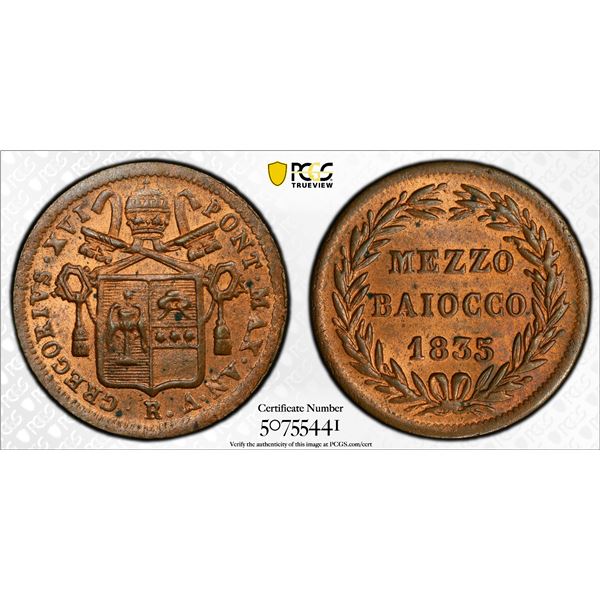 PAPAL STATES: Gregorius XVI, 1831-1846, AE 1/2 baiocco, 1831-R year V, PCGS MS64 RB