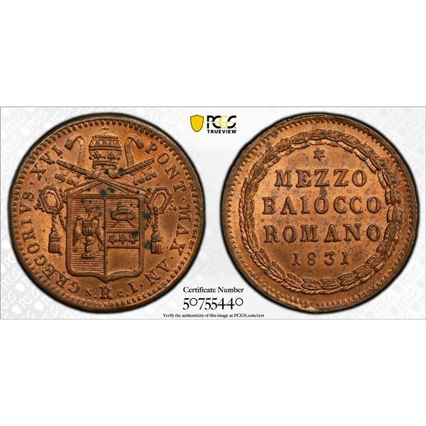PAPAL STATES: Gregorius XVI, 1831-1846, AE 1/2 baiocco, Rome, 1831 year I, PCGS MS63 RB