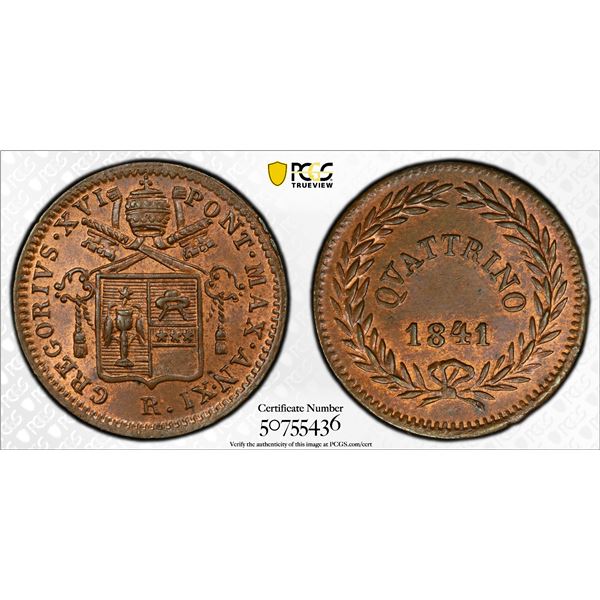 PAPAL STATES: Gregorius XVI, 1831-1846, AE quattrino, 1841-R year XI, PCGS MS64 RB