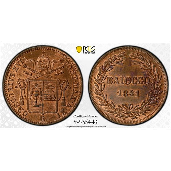 PAPAL STATES: Gregorius XVI, 1831-1846, AE baiocco, 1841-R year XI, PCGS MS63 RB