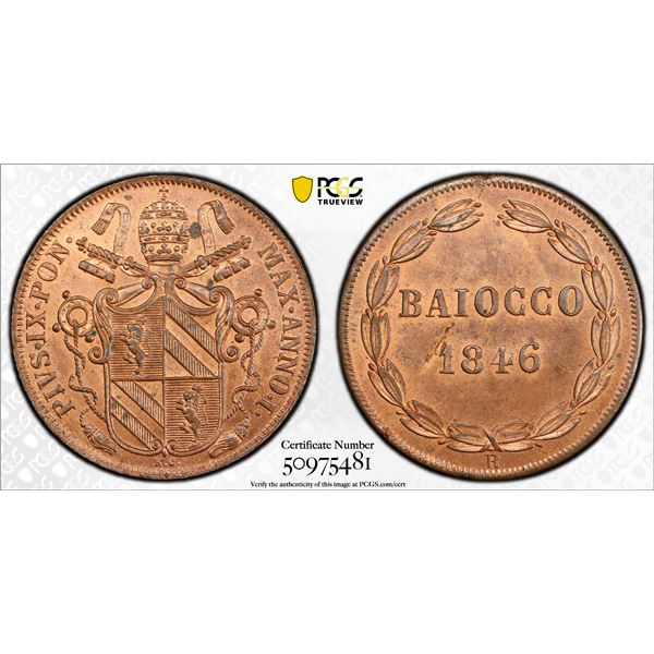 PAPAL STATES: Pius IX, 1846-1878, AE baiocco, 1846-R year I, PCGS MS64 RB