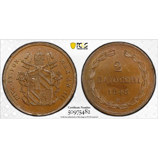 PAPAL STATES: Pius IX, 1846-1878, AE 2 baiocchi, 1848-R year III, PCGS MS64 BN