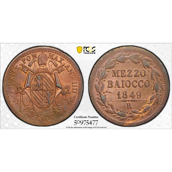 PAPAL STATES: Pius IX, 1846-1878, AE 1/2 baiocco, 1849-R year IIII, PCGS MS64 RB