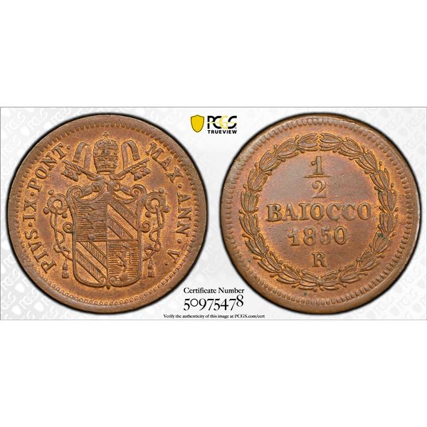 PAPAL STATES: Pius IX, 1846-1878, AE 1/2 baiocco, 1850-R year V, PCGS MS65 + RB
