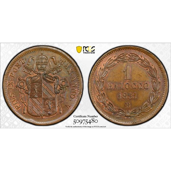 PAPAL STATES: Pius IX, 1846-1878, AE baiocco, 1850-B year V, PCGS MS64 BN