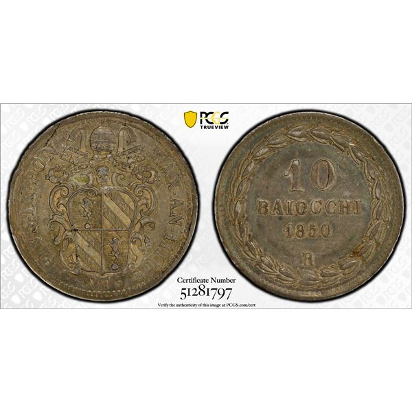 PAPAL STATES: Pius IX, 1846-1878, AR 10 baiocchi, 1850-R year IIII, PCGS AU58
