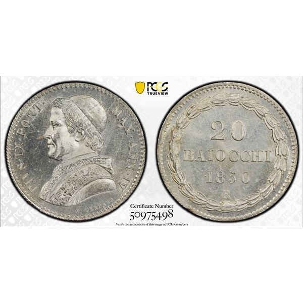 PAPAL STATES: Pius IX, 1846-1878, AR 20 baiocchi, 1850-R year IV, PCGS MS63