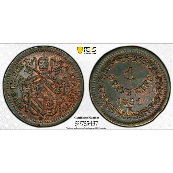 PAPAL STATES: Pius IX, 1846-1878, AE quattrino, 1851-R year VI, PCGS MS62 BN