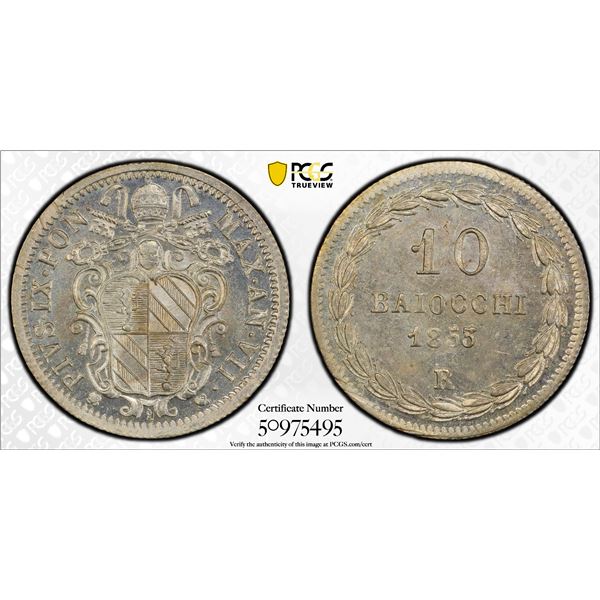 PAPAL STATES: Pius IX, 1846-1878, AR 10 baiocchi, 1853-R year VII, PCGS MS64