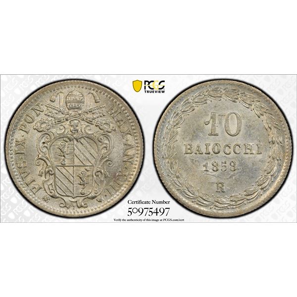 PAPAL STATES: Pius IX, 1846-1878, AR 10 baiocchi, 1858-R year XIII, PCGS MS64