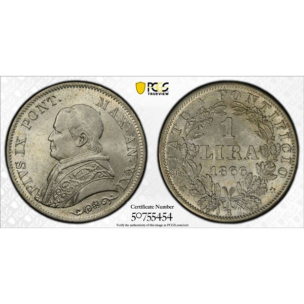 PAPAL STATES: Pius IX, 1846-1878, AR lira, 1866-R year XXI, PCGS MS63