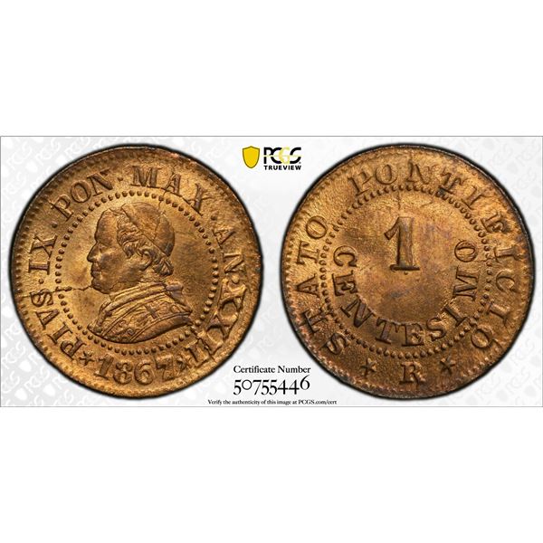 PAPAL STATES: Pius IX, 1846-1878, AE centesimo, 1867-R year XXII, PCGS MS65 RB