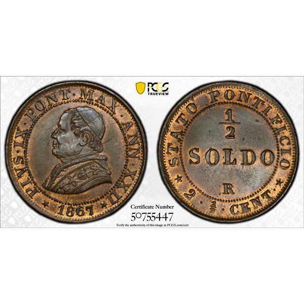 PAPAL STATES: Pius IX, 1846-1878, AE 1/2 soldo, 1867-R year XXII, PCGS MS63 RB