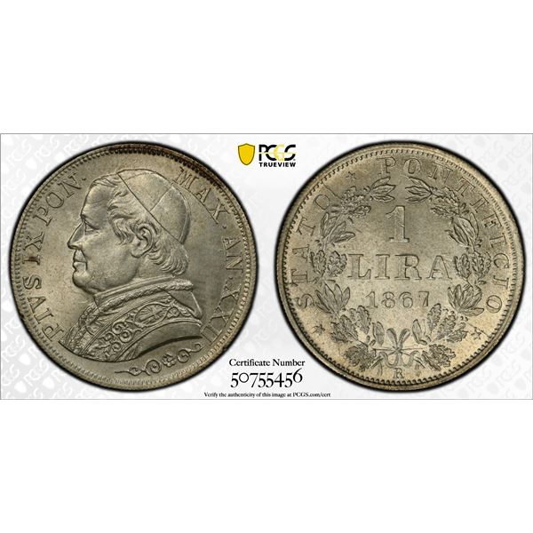 PAPAL STATES: Pius IX, 1846-1878, AR lira, 1867-R year XXII, PCGS MS64